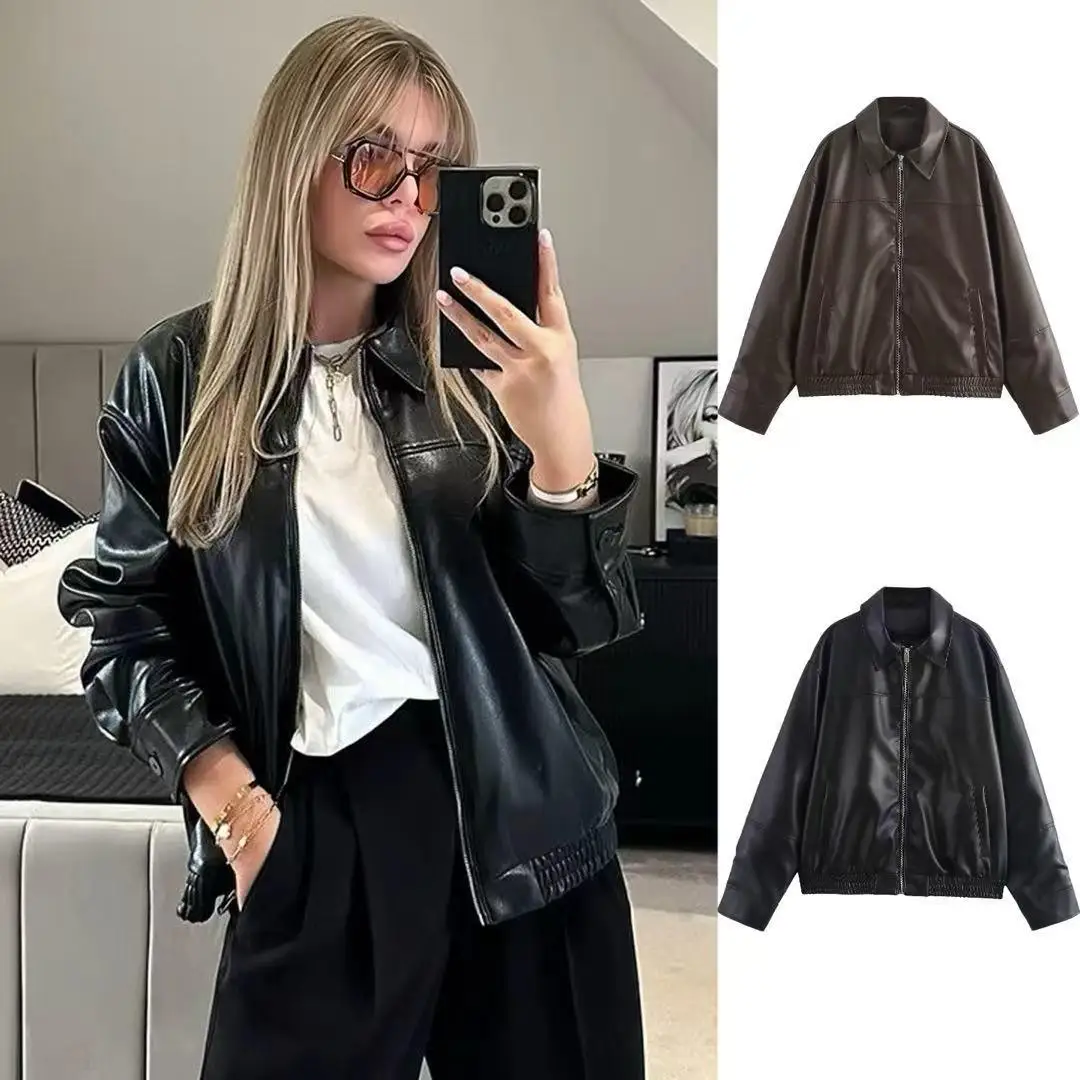 Cross-Border Sle Leather Jaet Women's Faion Mid-Century Long Sve Silk-Like Proced Other Fabric Ladies Coat