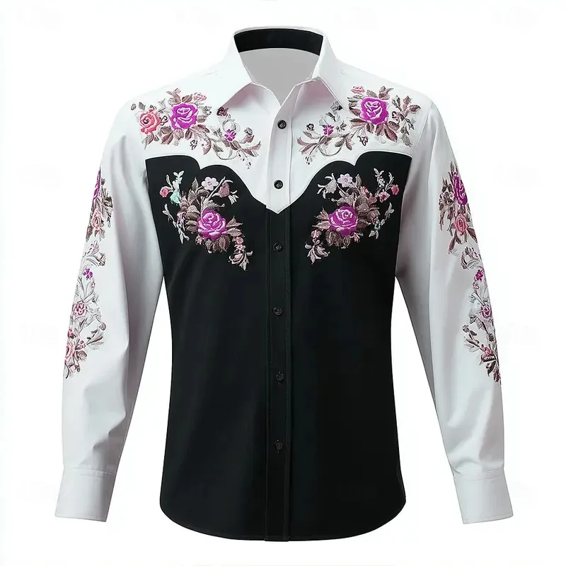 Kemeja Pria Lengan Panjang 2025 Motif Bunga Gaya Koboi Barat Pakaian Jalanan Musim Gugur Kasual Nyaman Bahan Poliester Slim Fit
