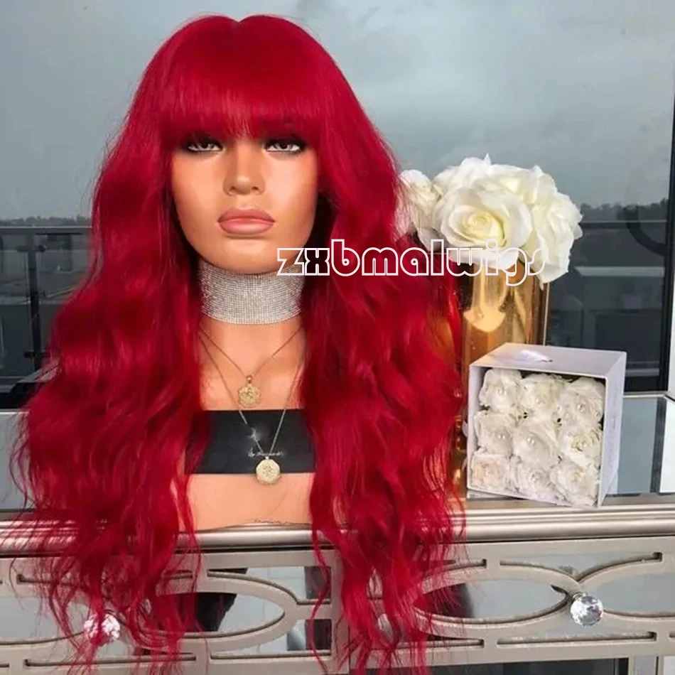 ZXBMALWIGS Red Bangs Body Wave Synthetic Hair 13X4 Lace Front Wigs for Women  High Temperature Fiber Lace Wigs Daily Cosplay