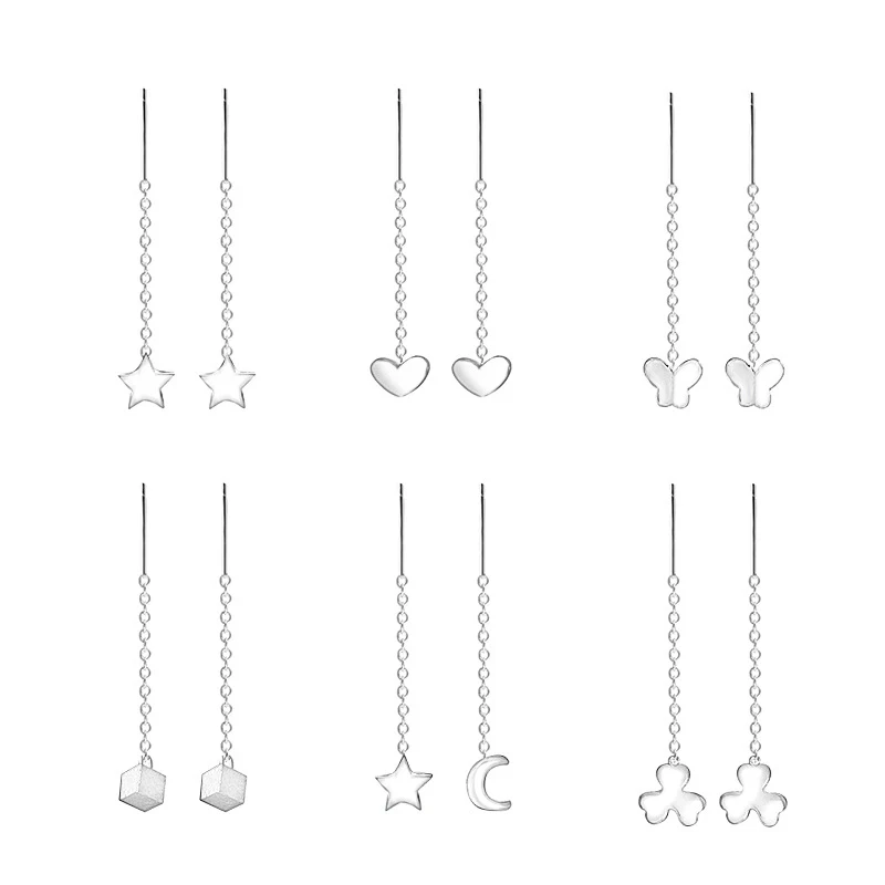 SOFTPIG Real 925 Sterling Silver Moon Star Heart Square Clover Chain Tassel Stud Earrings For Fashion Women Classic Fine Jewelry