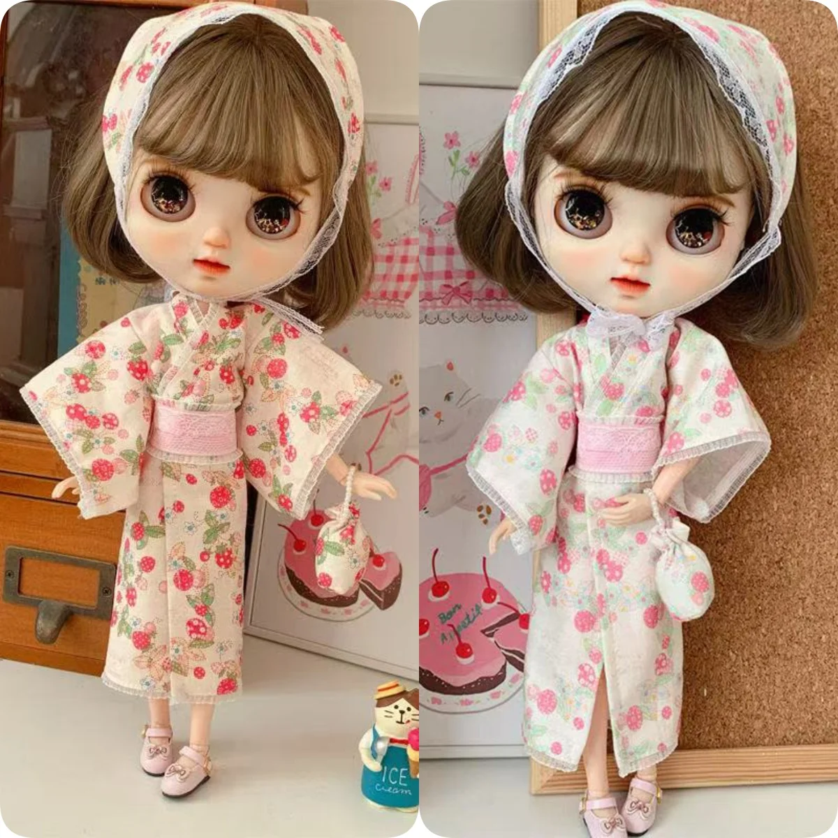 

1/6 Blythe Doll Outfit Handmade Japanese Kimono Set Ob24 Doll Clothing Azone Clothes Accessories