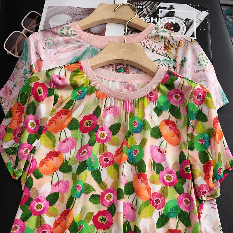 

Потрясающие цветовые решения! Женский топ из плотного шелкового атласа с цветочным принтом, модный повседневный пуловер с круглым вырезом и коротким рукавом