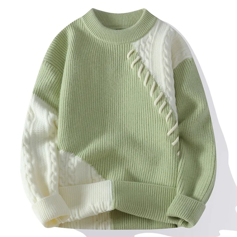 

Мужской винтажный вязаный лоскутный свитер контрастного цвета с вышивкой, большой повседневный пуловер, зимний теплый мужской трикотаж