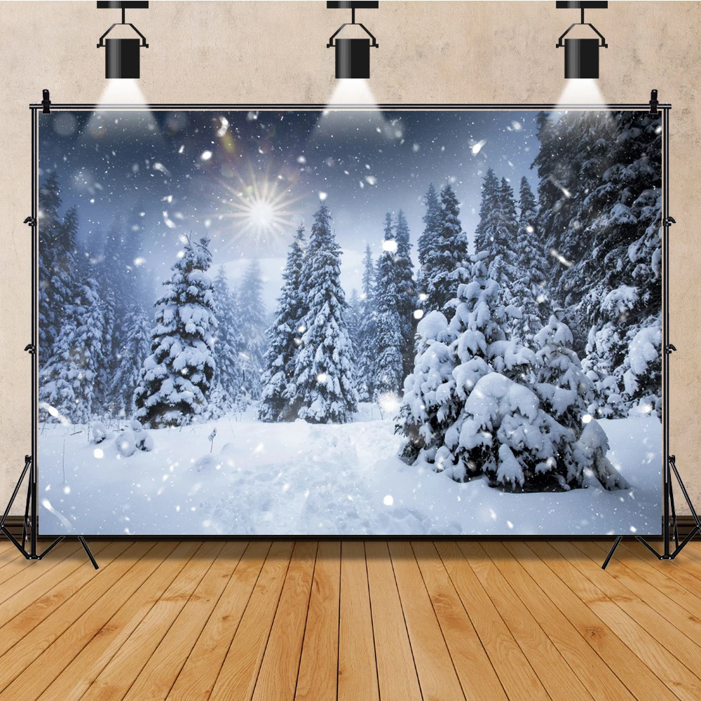 Laeacco Dreamy Winter Sunset Glow Snow Pine Trees Forest Backdrop Family Party Photography Backdrops Photo Studio