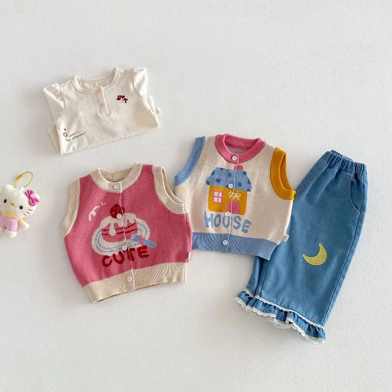 Kinder-Strickweste 2026 Frühling Mädchen Jungen Jacquard-Kuchen-Cardigan Koreanischer Stil Baby Kinder Bunter Kontrast Ärmelloser Pullover – Detail 4