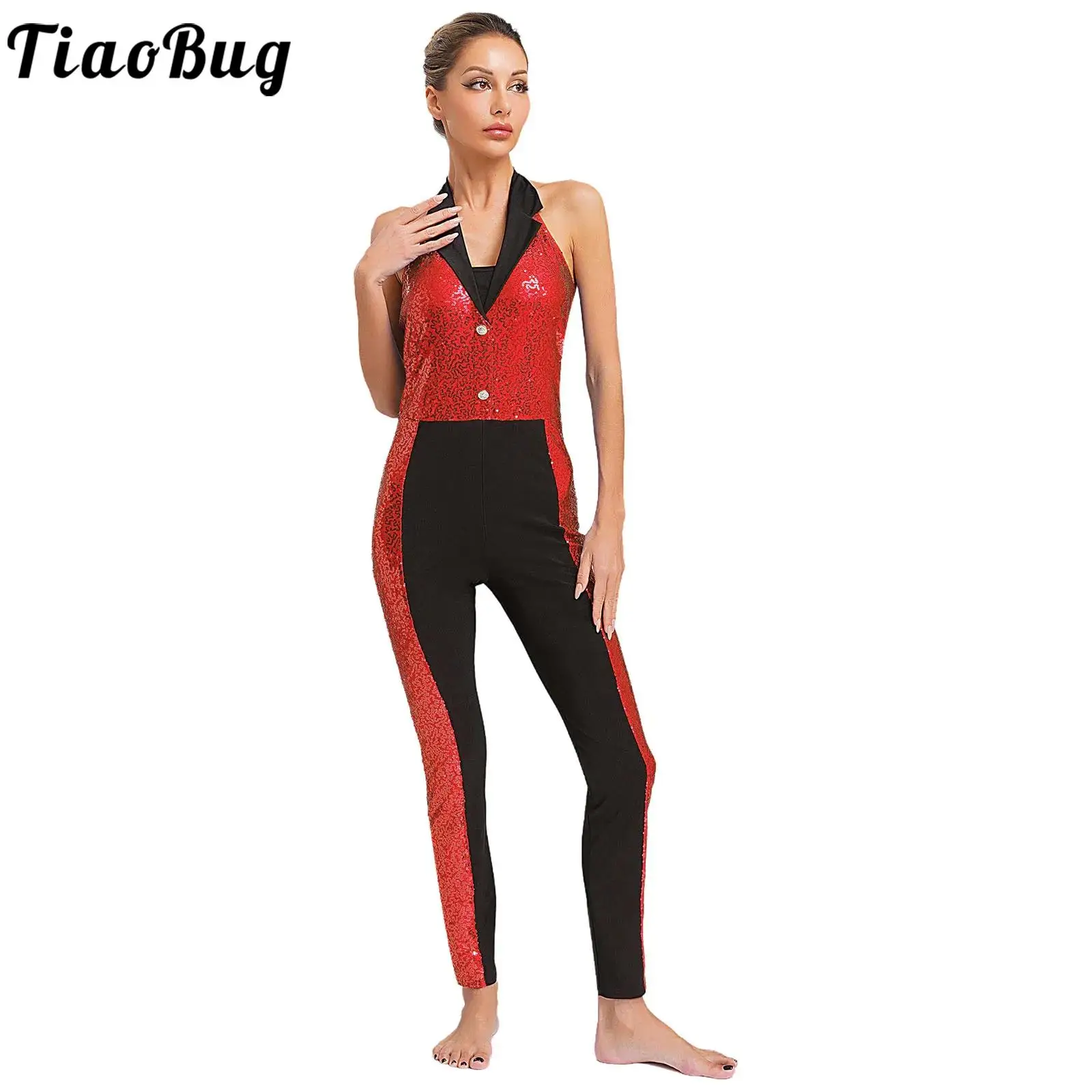 

Women Athletic Jumpsuit Leotards Rhythmic Gymnastics Bodysuit Acrobatics Costume Color Block Shiny Sequin Figure Skating Costume