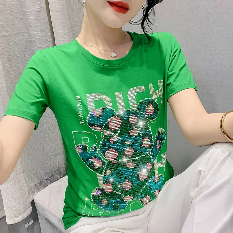 Black Summer Korean Clothes T-Shirt Chic Sexy Shiny Diamonds Cartoon Dear Women Tops Short Sleeve Hand Made Tees 2024 New 43144