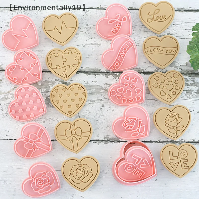 10 ชิ้นวันวาเลนไทน์ 3D Cookie Cutters, รูปหัวใจคุกกี้แสตมป์ DIY กดแม่พิมพ์สําหรับรักคุณดอกไม้หัวใจ Cookie Cutters