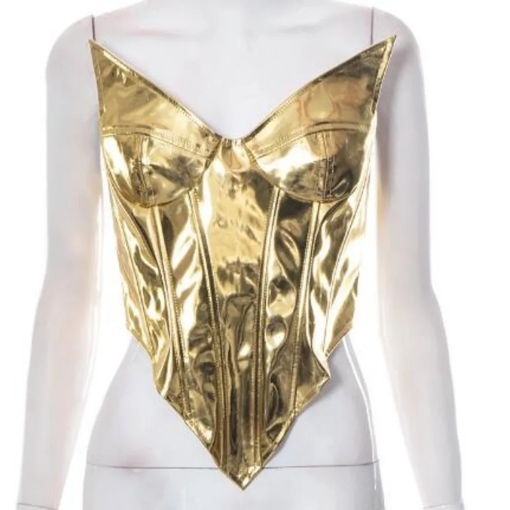 Sexy PU V-neck Shiny Hot Asymmetric Velvet Tube Top Chic Strapless Crop Top  Gold Fashion Sleeveless Summer Women Tank Top