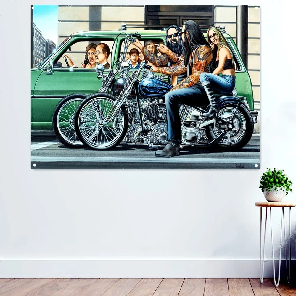 Gangsta Motorcycle Rider Poster Home Decor Banner Wall Hanging Flag Canvas Painting Wall Chart For Bedroom Living Room Dormitory