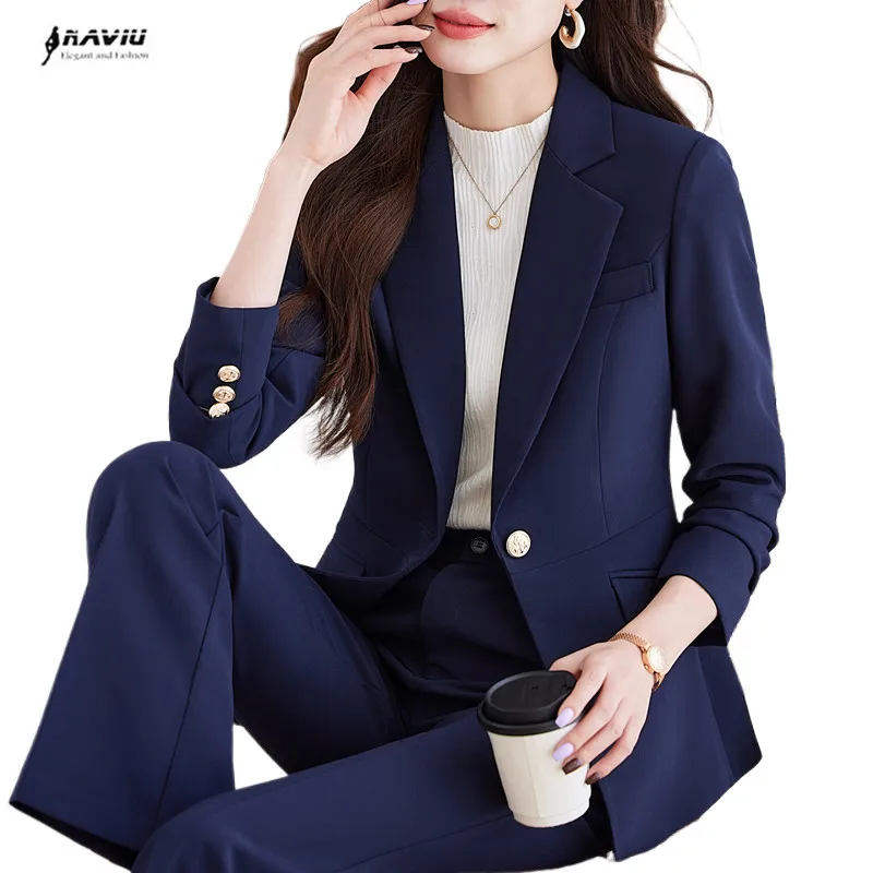 

NAVIU Blazer For Women Solid Suit Collar Long Sleeve Fashion Single Button Blazers Pocket Classic Elegant Work Wear Apricot Blue