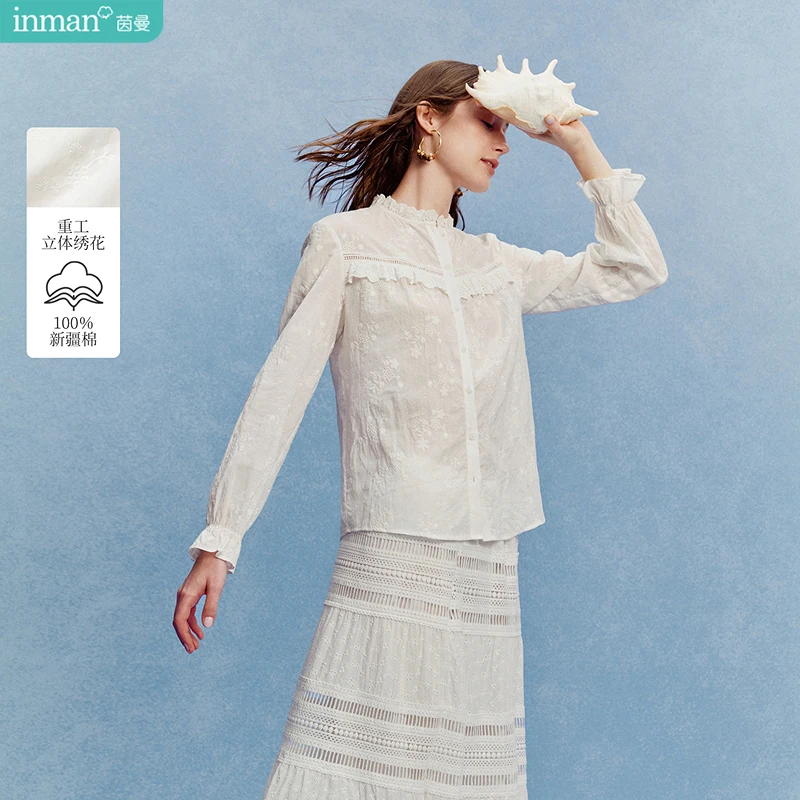 

INMAN женская блузка из чистого хлопка с французской вышивкой, осень 2023, новый свободный элегантный топ | Модная повседневная рубашка для женщин Chic S