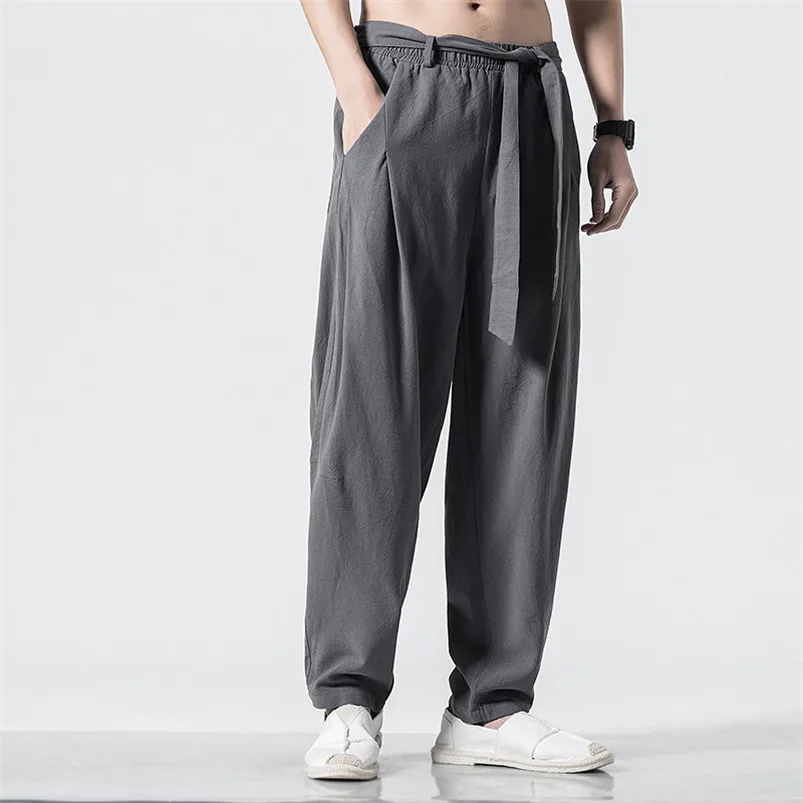 Men Cotton Linen Harem Pants 2024 New Summer Male Elastic Waist Solid Long Trousers Loose Joggers Sweatpants Plus Size M-6XL 7XL