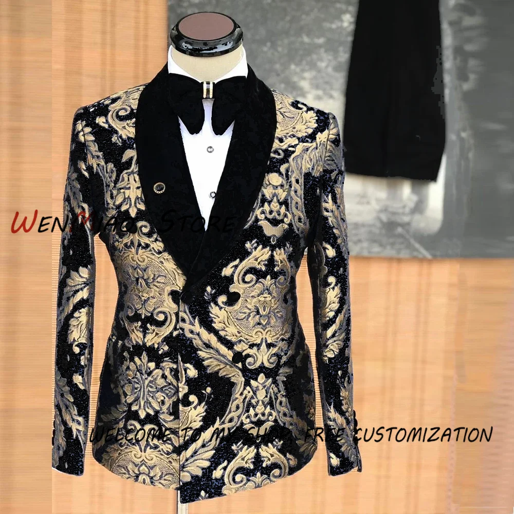 

Bronzing Men's Suit 2-piece Set High Quality Custom Wedding Groom's Tuxedo Velvet Collar Jacket Dress for Mens