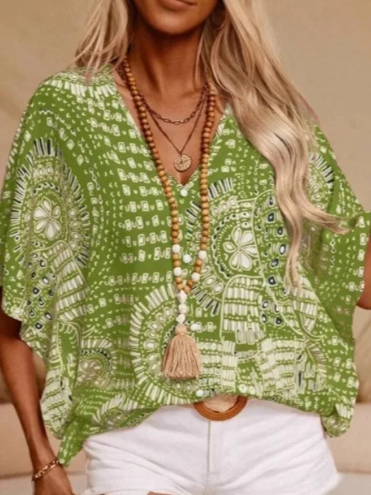 Faionable verano estampado Vintage v-ne Oversize Casual vacaciones Sle cinco cuartos Batwing Sve irt Top ropa de mujer