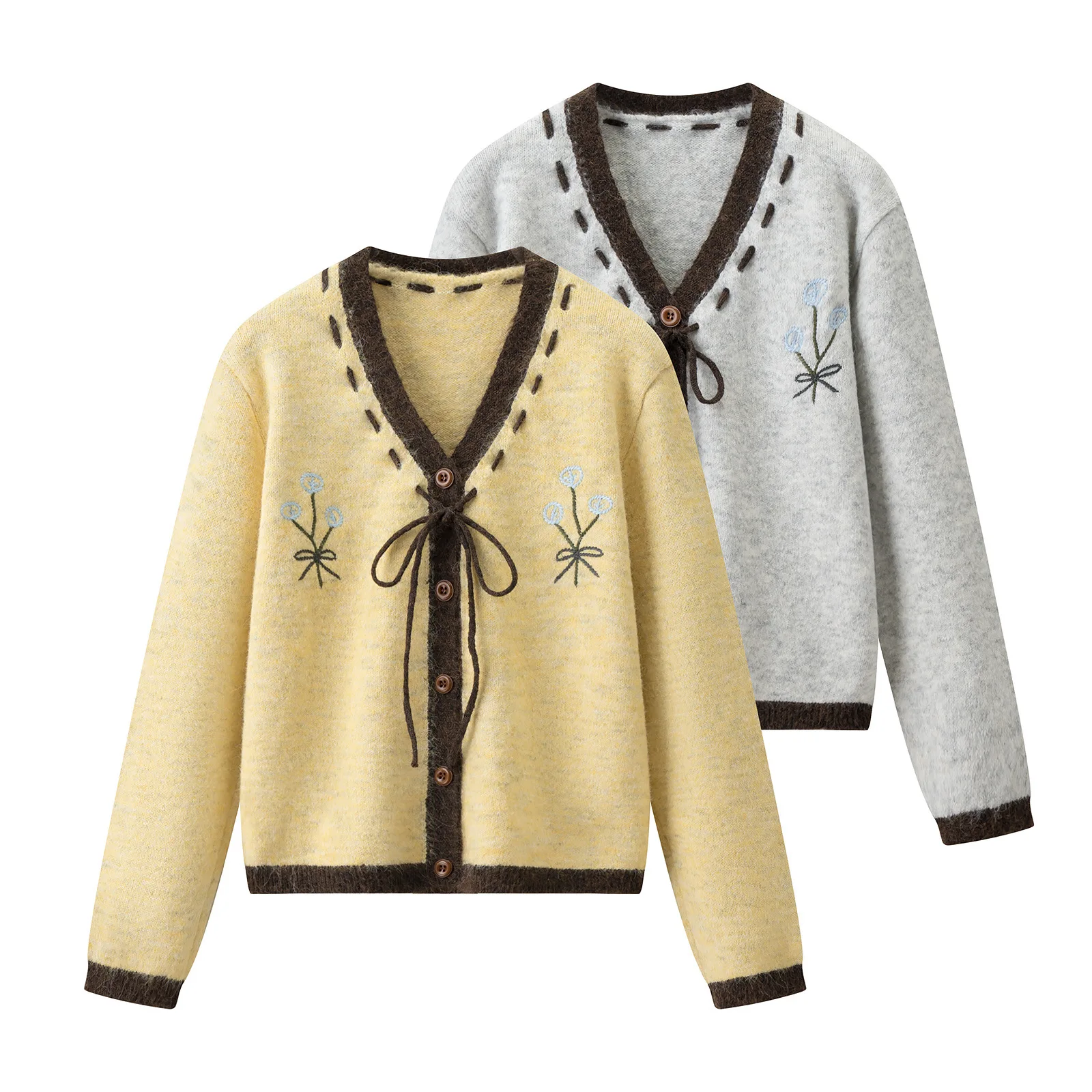 

Knit Cardigan V Neck Contrast Brown Trim Floral Embroidery Front Tie Bow Button Front Loose Soft Casual Sweater Coat Outerwear