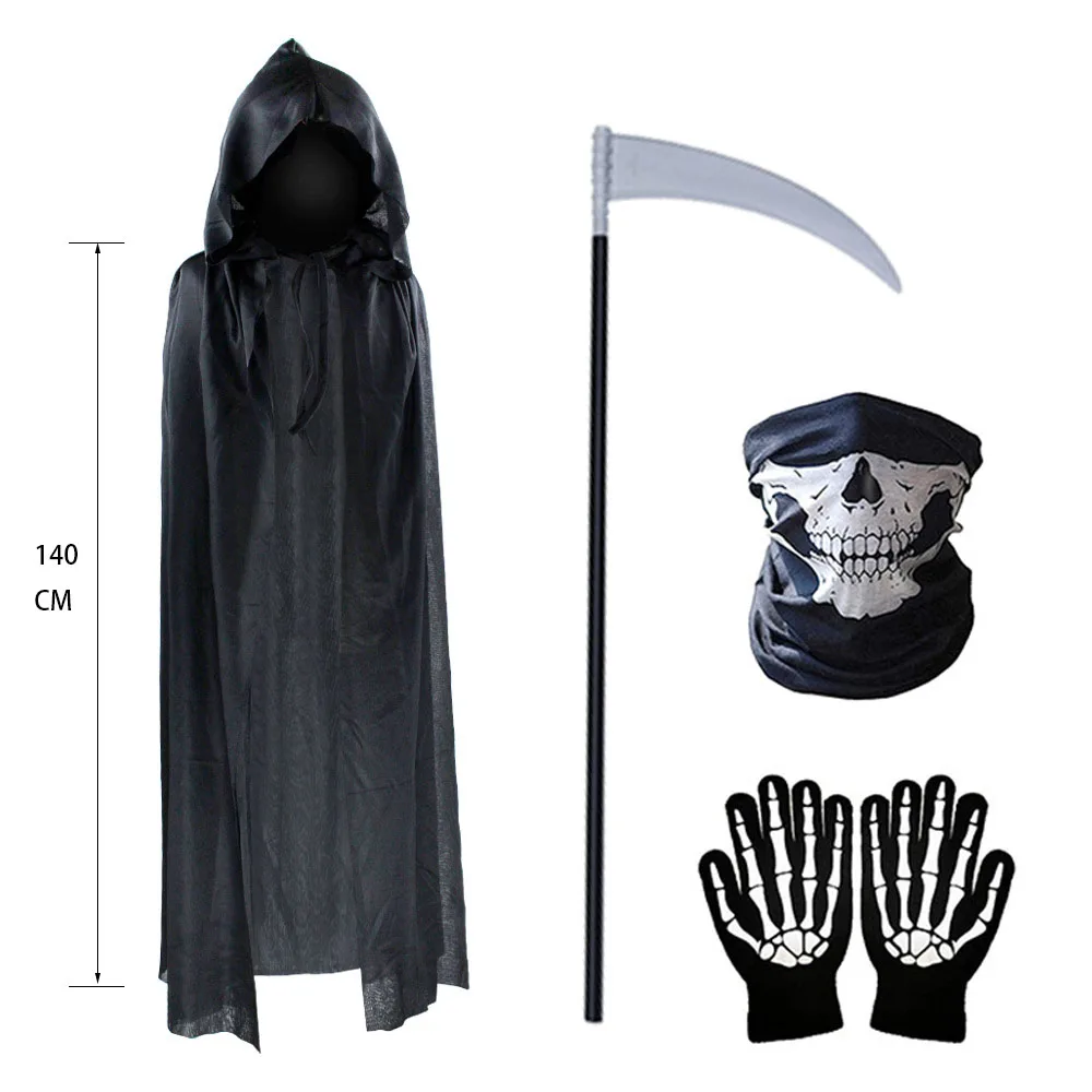 New Terror Halloween Party Cosplay bambini adulto morte mantello nero mantello Halloween Skull Skeleton Ball Costume Prop Set