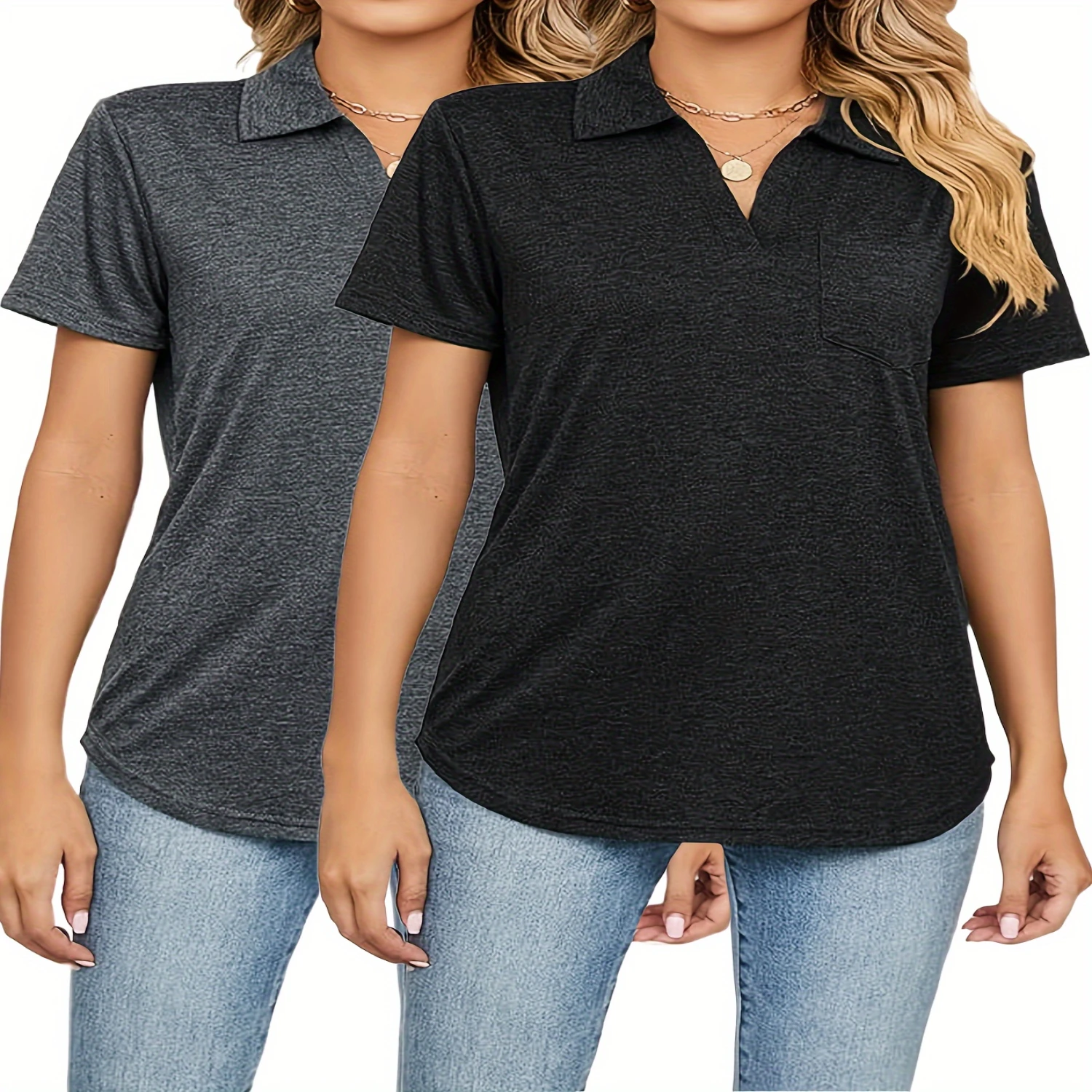 2 Pack V Neck T-shirt, Casual Short Sleeve Collared Top For Spring & Summer, Women's Clothing