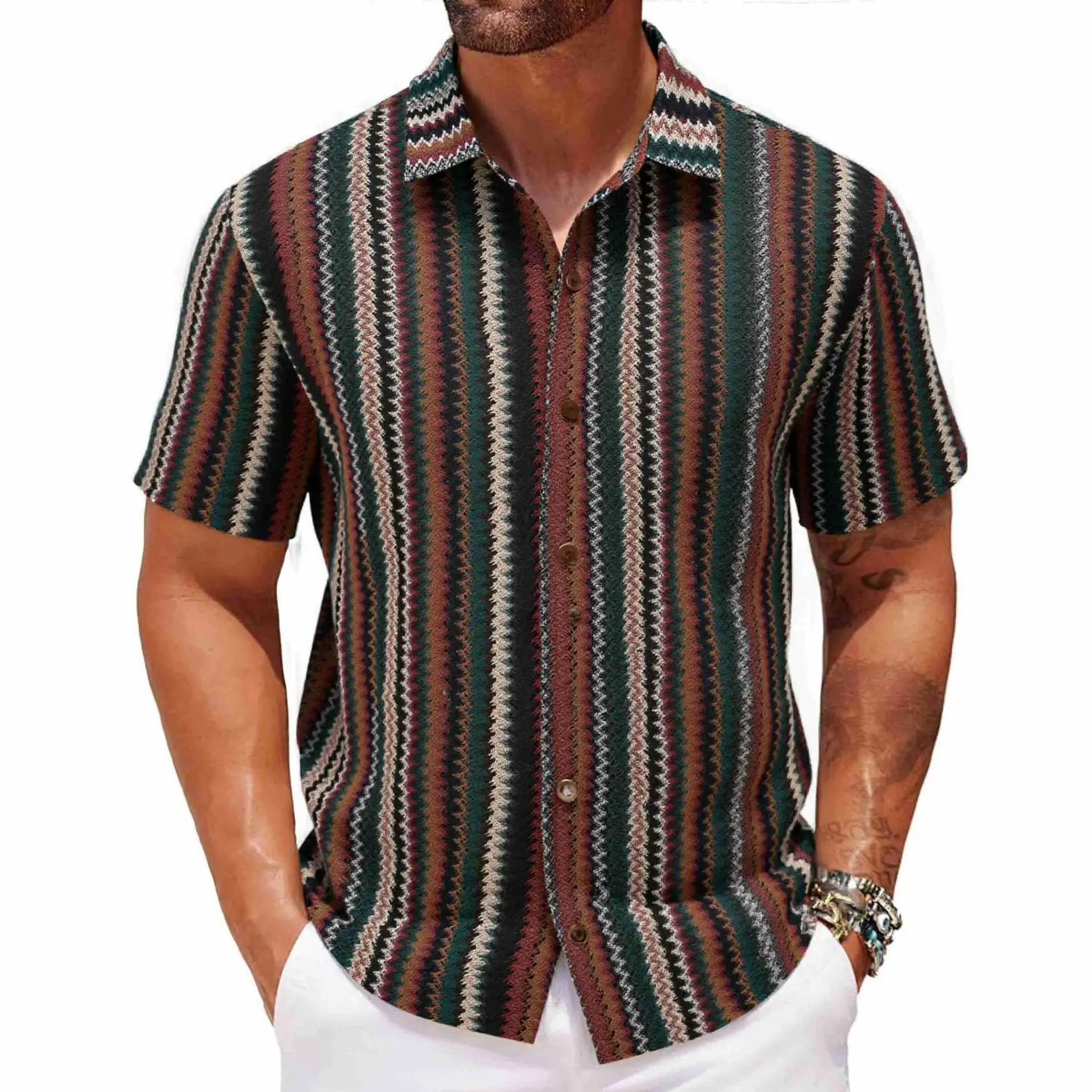 Summer Trend Men's Ethnic Striped Polyester Shirt Casual Loose Breathable Button Up Shirt Boho Style Lapel Short Sleeve Shirt