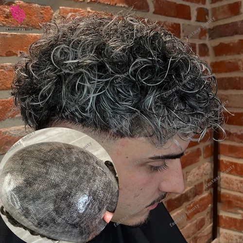 Imagen 2 del producto Prótesis Capilar Masculina de Cabello Humano Rizado Duradero con Línea de Cabello Natural de 28mm y 25mm, Manejable, con Base de PU, en Tonos Marrón Oscuro, Gris y Negro