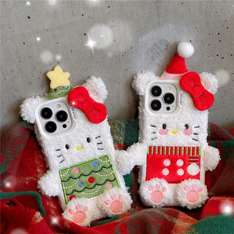 

New Christmas HelloKitty Plush Knit Cell Phone Cases Sanrio Kawaii For iPhone 16 15 14 12 13 Pro Max Phone Protection Case