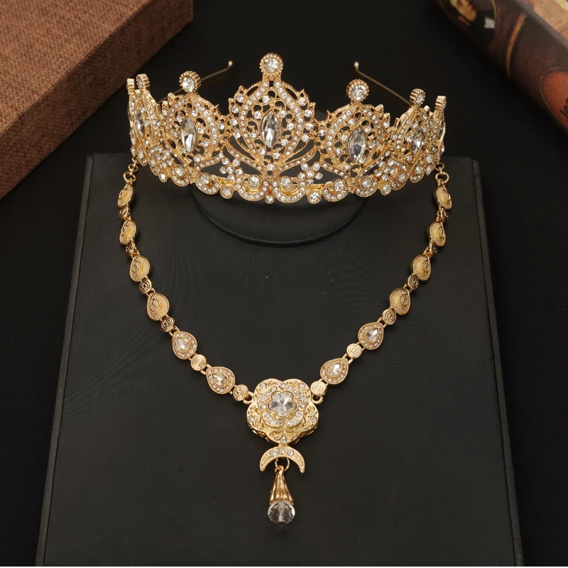 Algerian Wedding Jewelry Set Bridal Tiara Crown Red Green White Moon Shape Crystal Pendant Necklace Female Party Favor