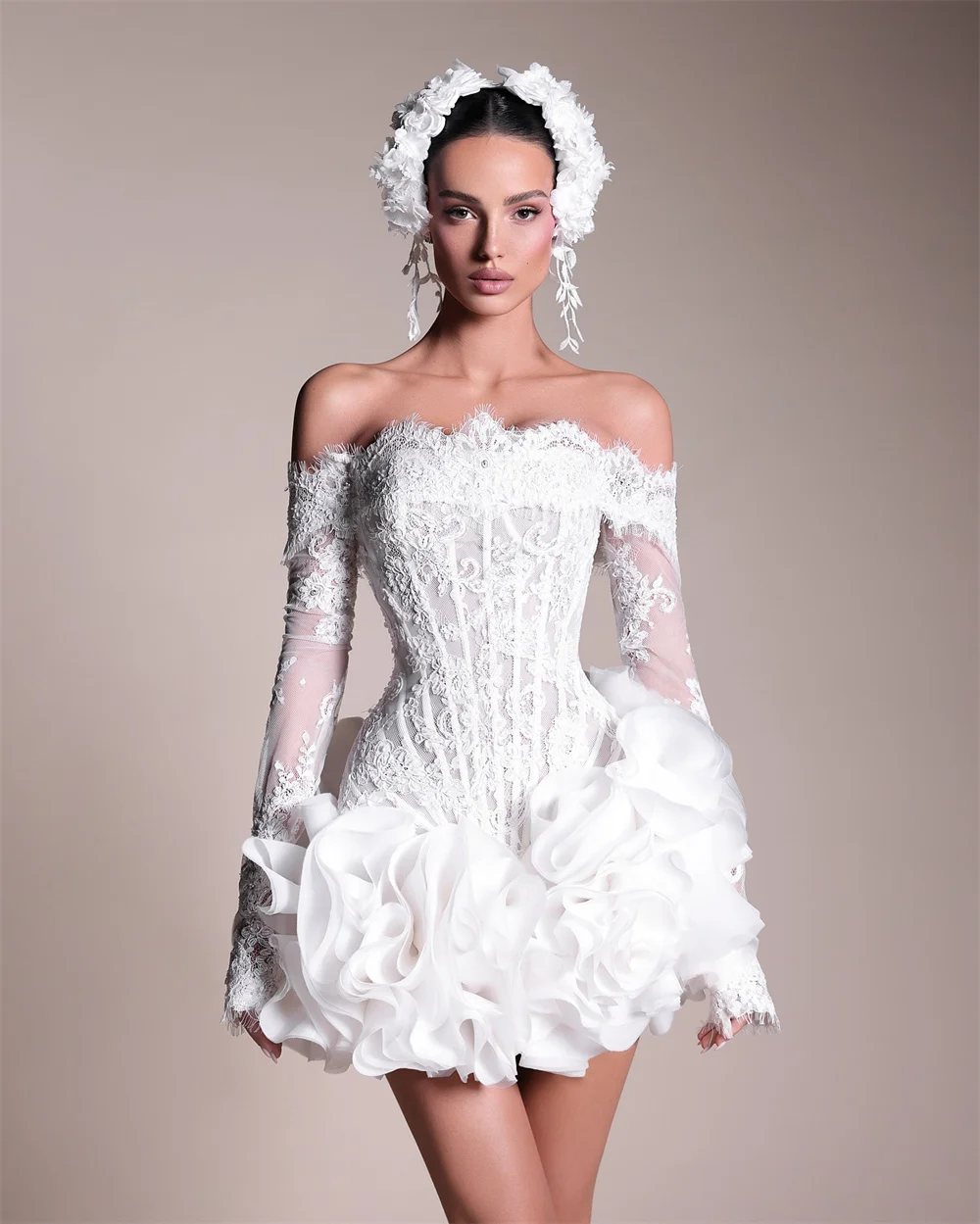 Customize Mini Lace Appliques 3D Flowers Wedding Dress White Off Shoulder Long Sleeves vestidos de novia Ball Gown After Party image 3