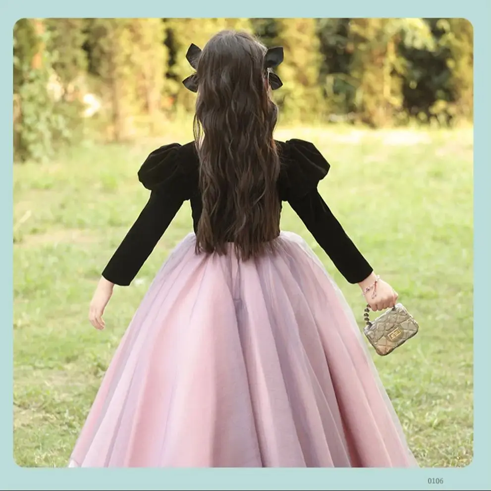 Vestido de princesa clásico elegante para niña 3-9T, estilo de invierno, vestido de fiesta de cumpleaños con mangas de burbuja de tul y terciopelo de retales