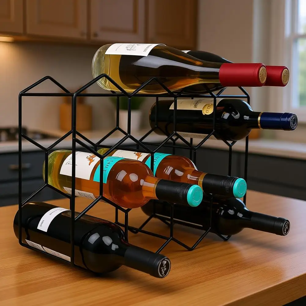 

14-Bottle Geometric Stainless Steel Wine Rack, 3-Tier Pantry Bar Table Wine Holder, No Assembly Needed