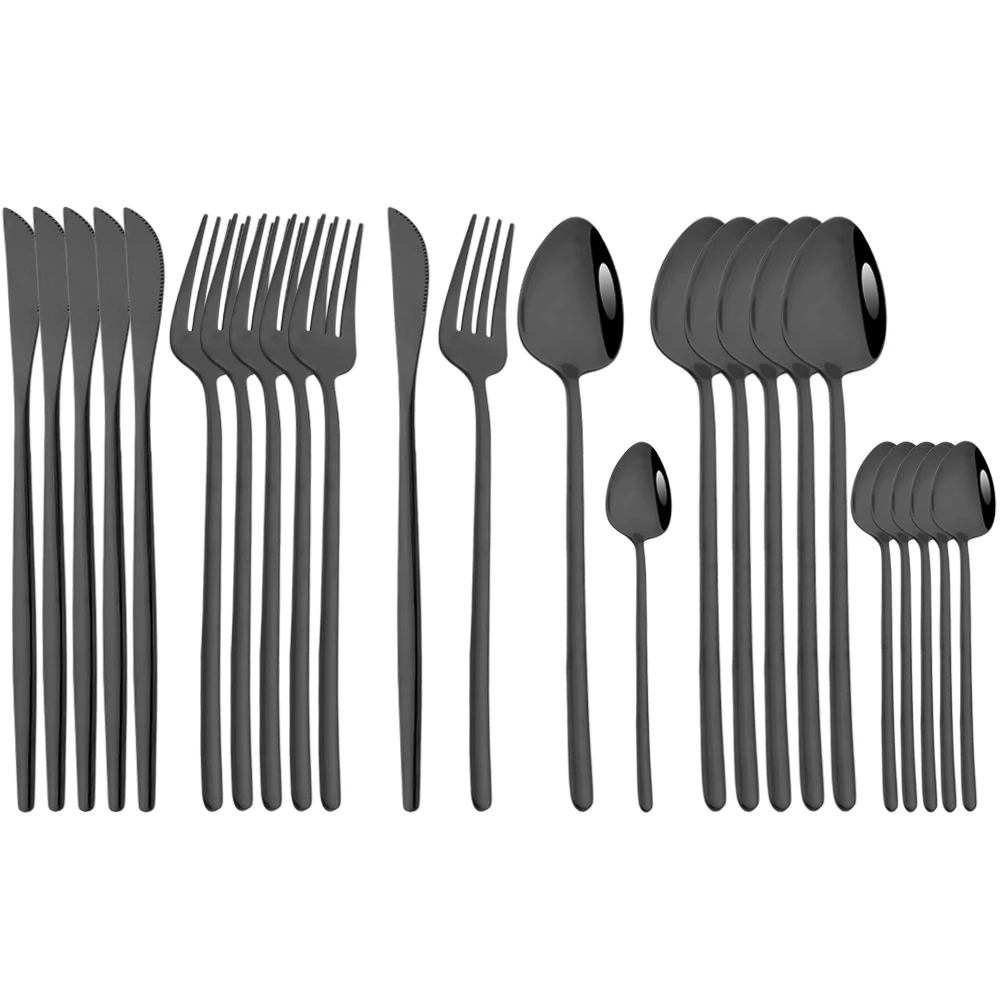 24Pc Mirror Black Dinnerware Set Knife Fork Coffee Tea Spoon Cutlery Set Stainless Steel Tableware Western Home Kitchen Flatware