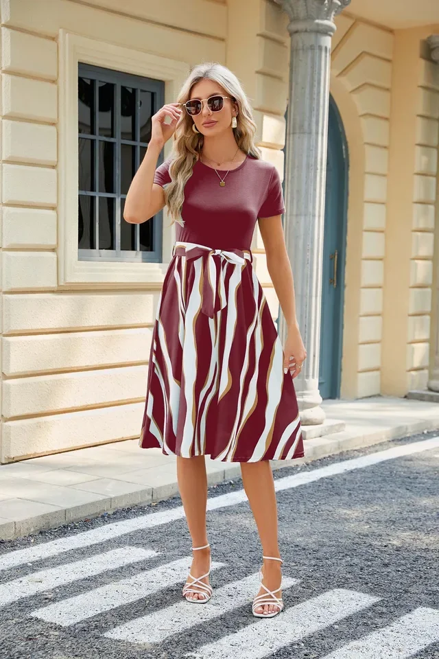 

Women's Dresses Patchwork Print Elegance 2025 Spring/summer Fashion O-neck Robe Femme Short Sleeve Casual Streetwear Swing Dress