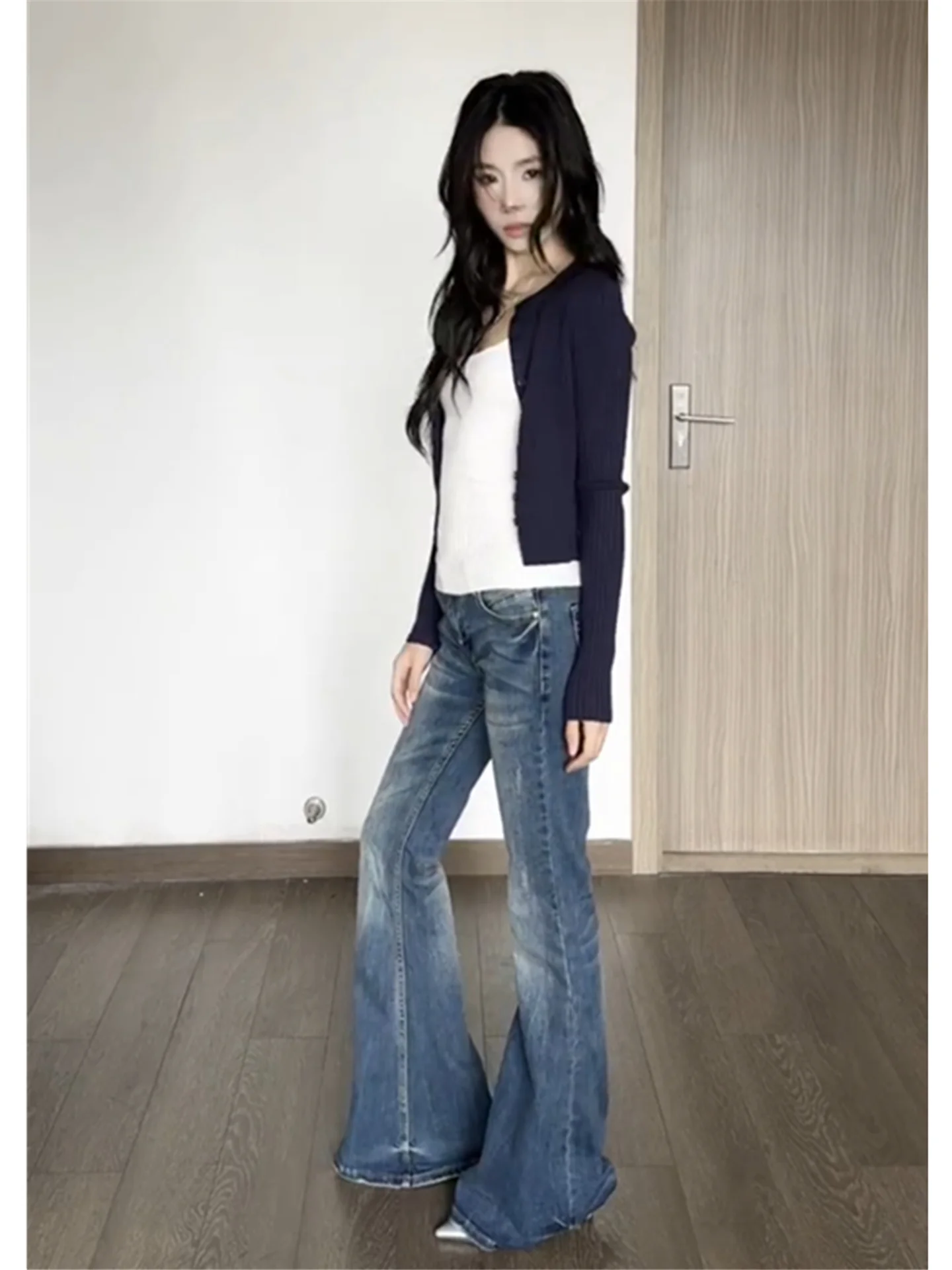 

Retro American Blue Low Waist Bell Bottom Jeans Women's Slimming Draggling Pants Casual Cotton Soft Spring Jeans