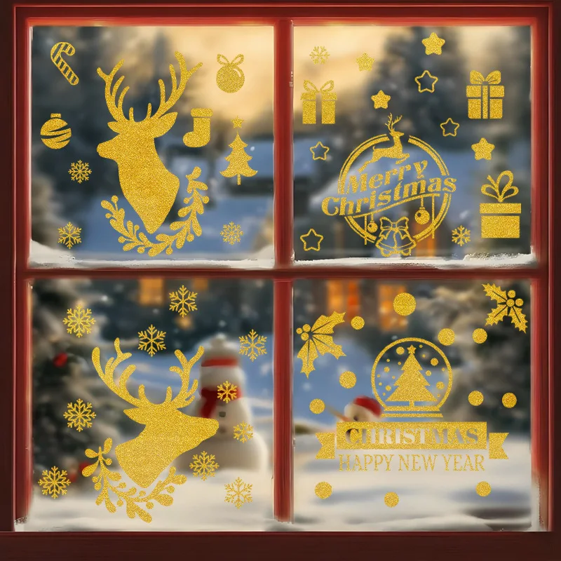 

20*20cm*9pcs Gold Reindeer Head Christmas Static Cling Sticker Holiday Decoration Glass Window Display Sticker Window Flower