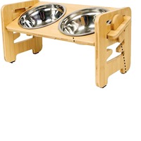 Bamboo Pet Bowl Rack Adjustable Double Bowl Small Dog Pet Bowl Shelf Dog  Cat Dog Feeders With Two Bowels