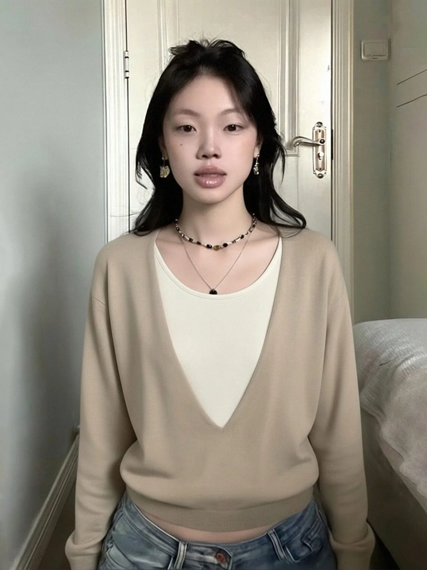 

Ladies V-Ne Knitted Sweater Casual Loose Sle Spring Faion Top Layering Clothing Comfortable Long Sve Warmth