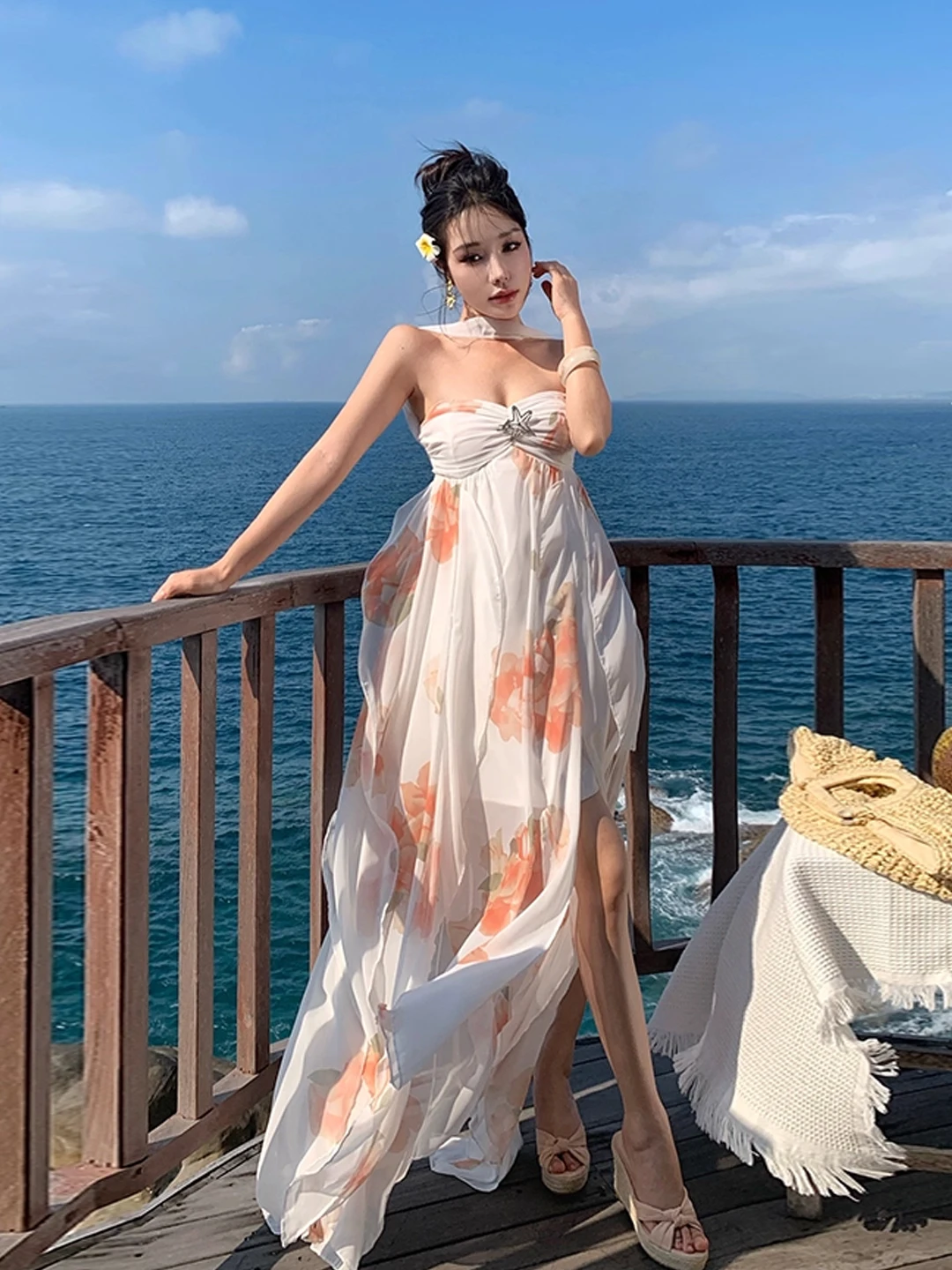 Beach Vaion Fairy Skirt Irregular Hemline Strapl Dr Summer Holiday Sle High Waist Soft Chiffon Non-Stretch Ladies ...