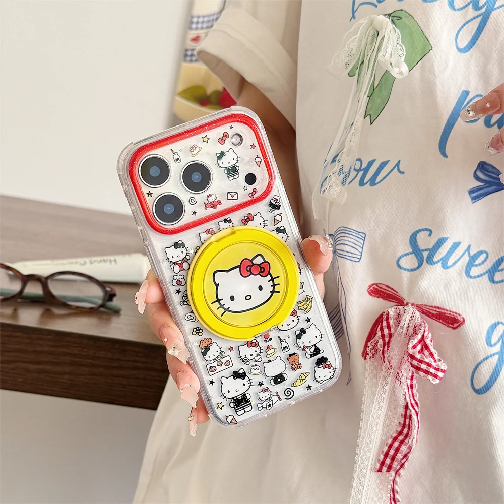 

New 2026 Cartoon Hellokitty Phone Case For iPhone 15 Pro 17 16 Max 17 Pro Max Cover with 360° Stand Magnetic Shockproof Funda