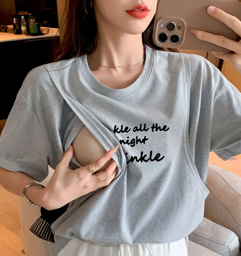 

Summer Letter Printed Maternity Cotton Nursing Top Postpartum Woman Feeding Clothes Loose Short Sleeve O-Neck Lactation T-shirt