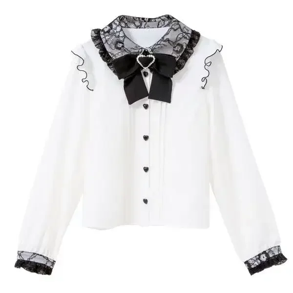 Long Sleeve Shirts Sweet Lace Lapel 2023 Spring Autumn Lady Tops Japanese Style Lolita Lace Bow Casual Blouses for Women