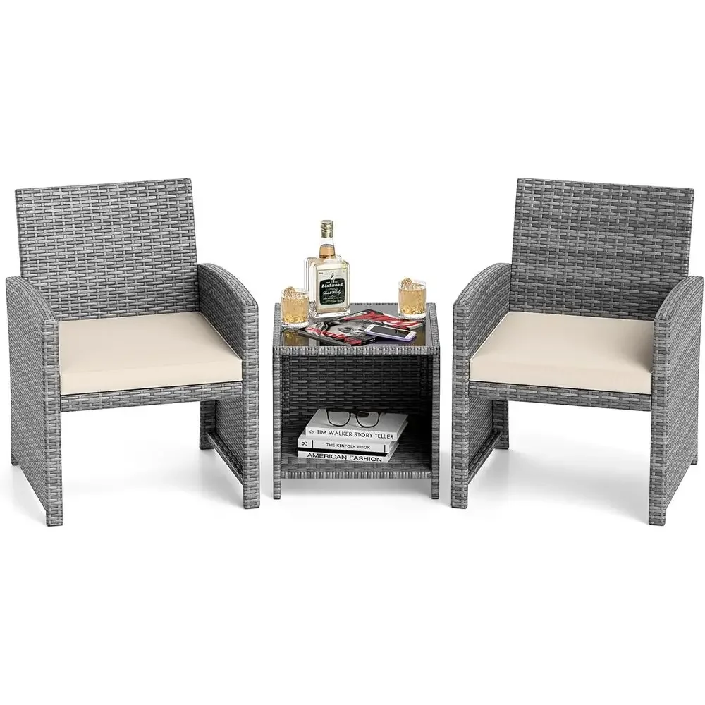White 3-Piece Outdoor Patio Furniture Set with PE Rattan Chairs, Tempered Glass Coffee Table, and Seat Cushions for Backyard, Po