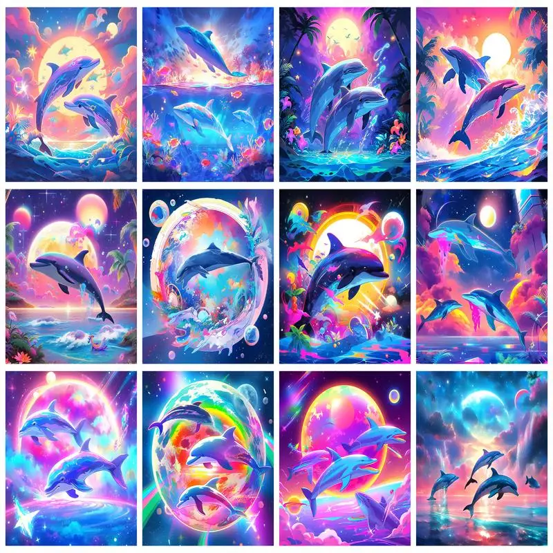 

RUOPOTY Diamond Painting Dolphin Embroidery Complete Kit Full Square/Round Mosaic Animal Decor For Home