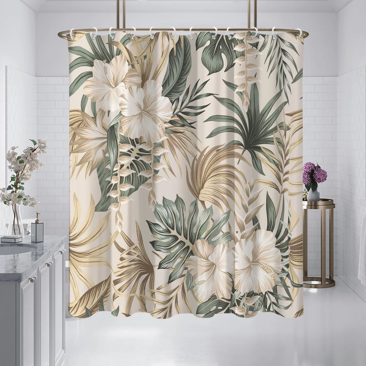 1pc Modern Light Luxury Hibiscus Flower Print Waterproof and Mildew-proof with Hook Machine Washable Bathroom Shower Curtain