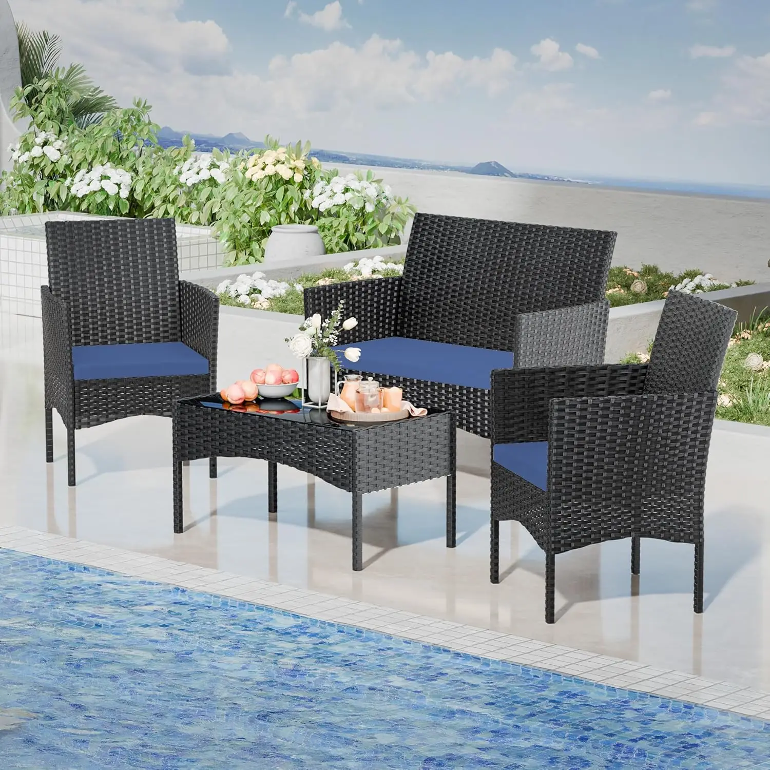 

4 Pieces Patio Furniture Set Outdoor Conversation Set Rattan Furniture Set Wicker Chairs and Sofa with Glass Table, Customized