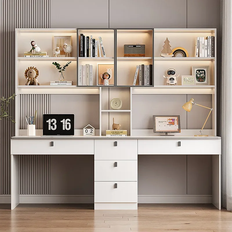 Solid wood double table, bookshelf integrated table, computer bedroom, family and student writing desk