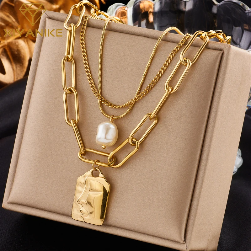 XIYANIKE 316L Stainless Steel Necklaces Women New Design Multi Layer Abstract Portrait Pendant Female Necklace Stylish Jewelry