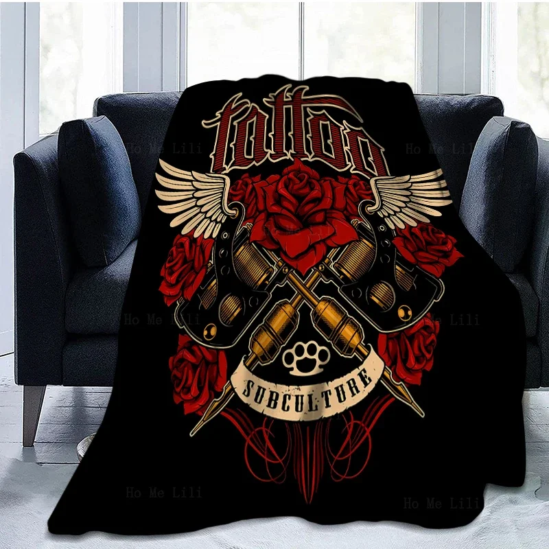 Old School Tattoo Machines Roses Sailor Flash Retro Skull Moth Devil Traditional Style Soft Cozy Flannel Blanket