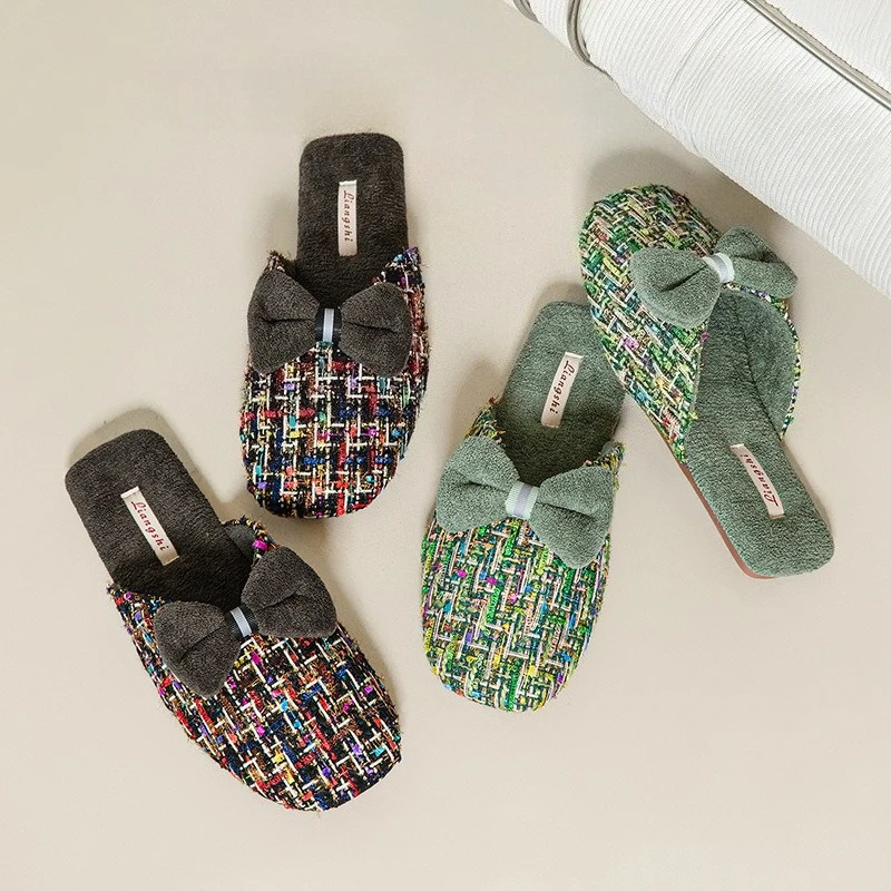

Fashionable and Luxury Fuzzy Women's Cotton Slippers with Sweet Bows and Non - Slip Rubber Soles for Autumn and Winter