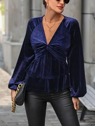 Europe and the United States foreign trade women's 2024 autumn temperament fashion kink blouse solid color V-neck velvet blouse