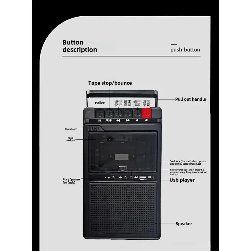 Multifunctional Portable Cassette Player Support USB Play, Built-in Mic & External Audio Recording