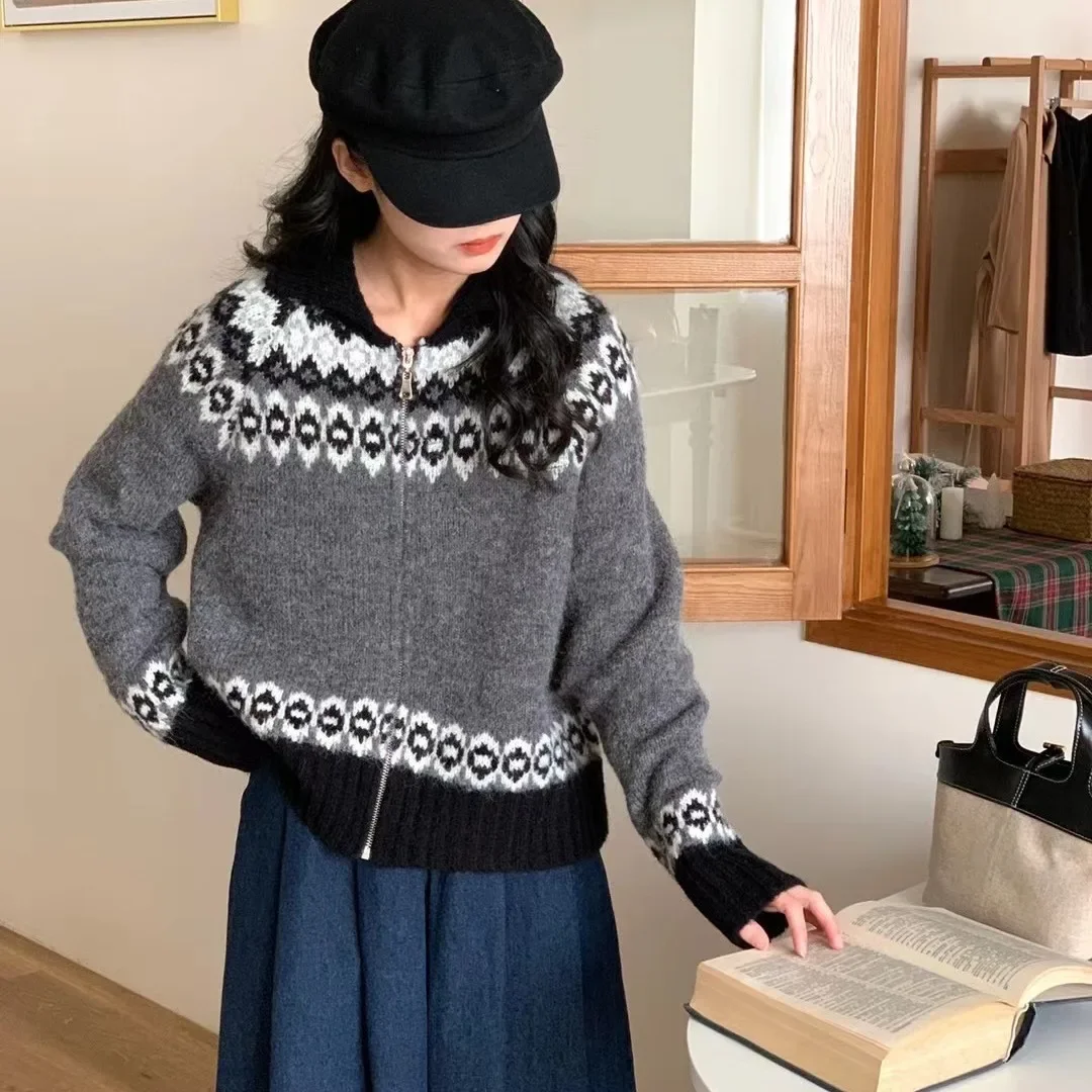 Mulheres impressão camisola de malha com zíper cardigan turn down collar manga cheia jumpers suéteres casual splice streetwear grosso